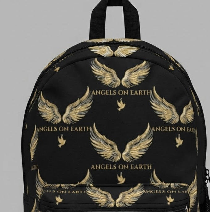 Black backpack with all-over gold angel wings and Angels On Earth logo print